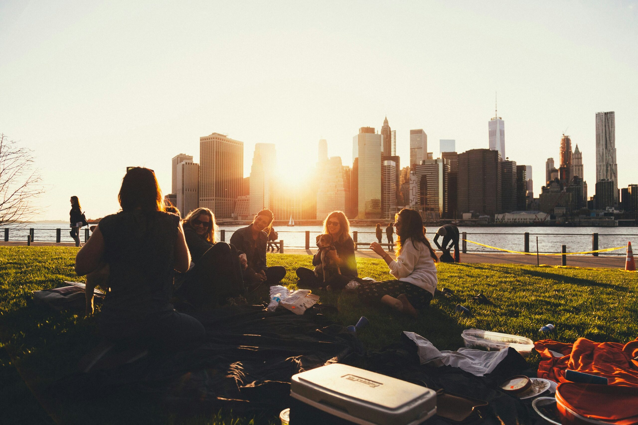 personas haciendo picnic con las vistas de la ciudad de nueva york